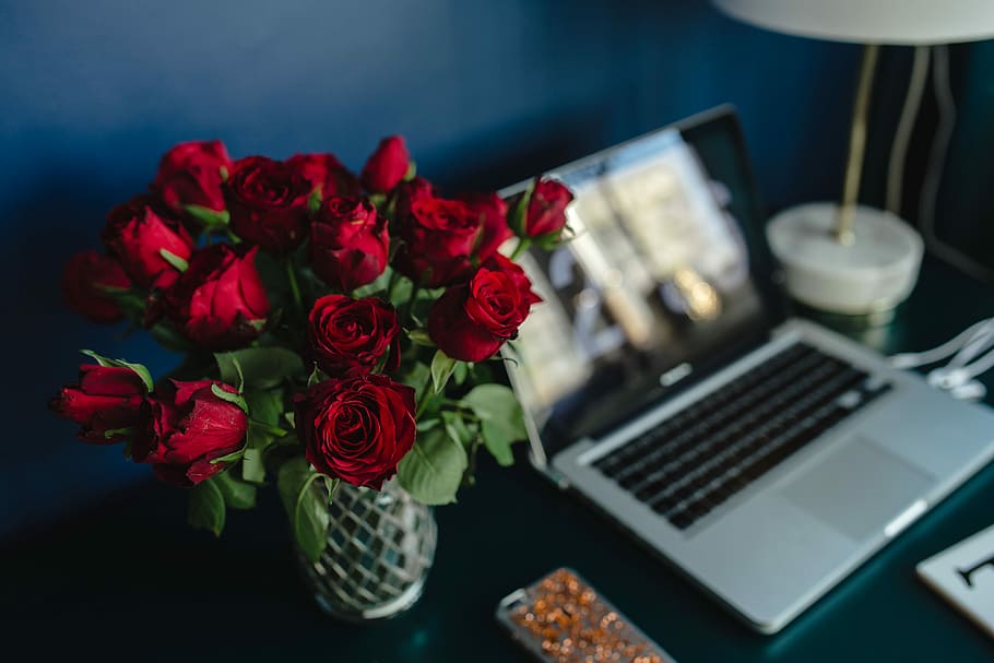 Office Desk Table With Red Roses, female, flowers, workspace, HD wallpaper
