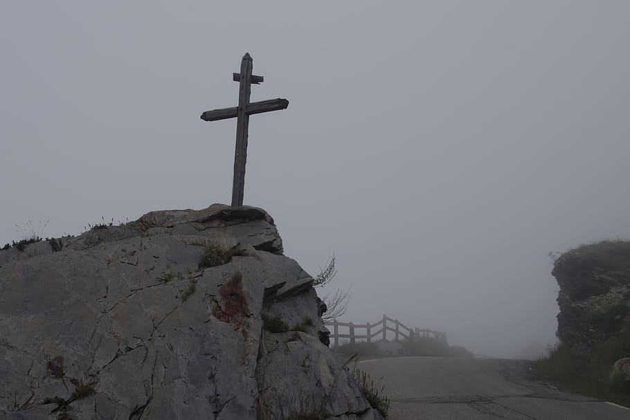 Alps, Mist, Cross, Road, Top, Landscape, early morning, religion HD wallpaper