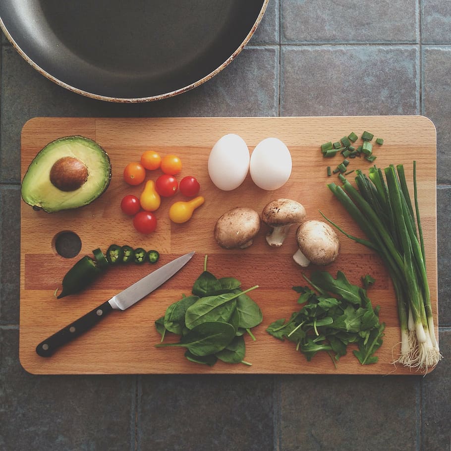 assorted vegetables and pair of eggs on chopping board, avocado, HD wallpaper