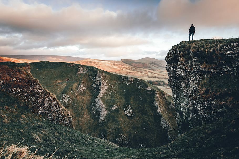 Free download | HD wallpaper: person standing near the cliff, man stand ...