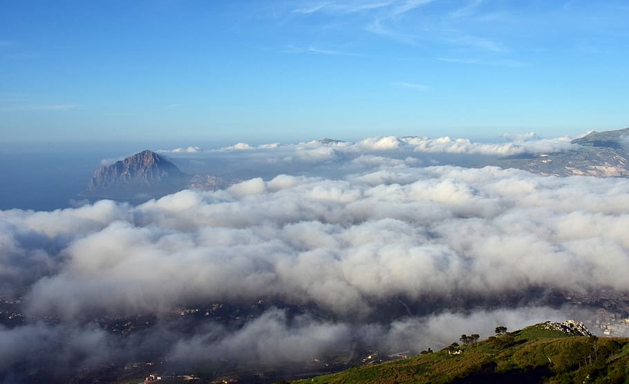 clouds, mountain, view, wide, outlook, sky, blue, horizon, haze HD wallpaper