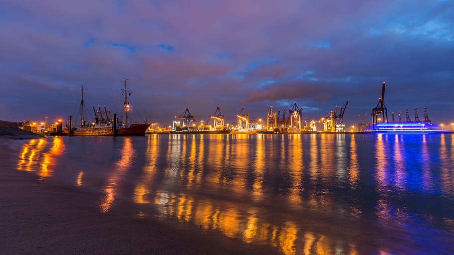 sunset, waters, dawn, dusk, reflection, elbe, hamburg, elbe beach HD wallpaper