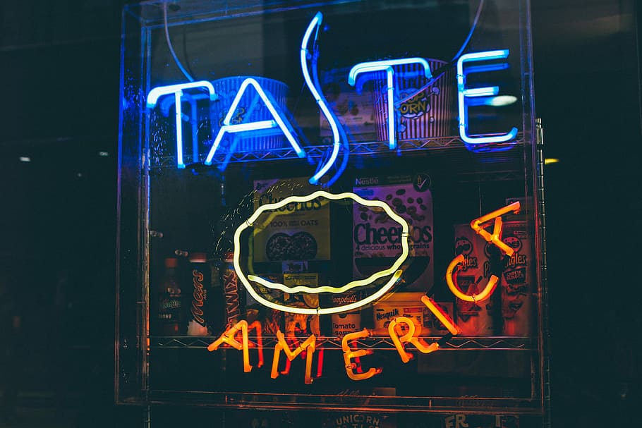 Taste America neon light signage, Taste America signage turned on, HD wallpaper