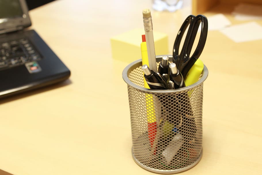 pens, scissors, table, office, indoors, desk organizer, no people HD wallpaper