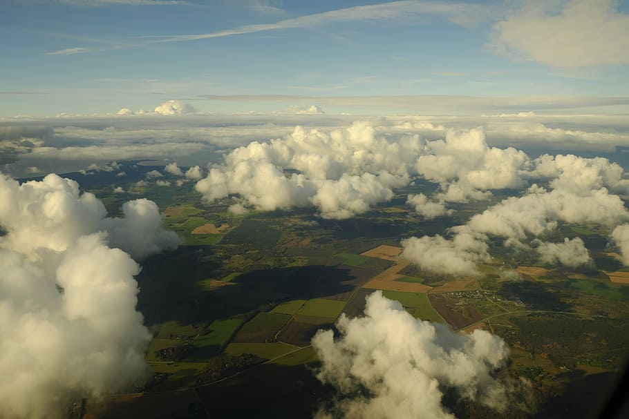 aerial photography of plane under white clouds at daytime, aerial photography of clouds HD wallpaper