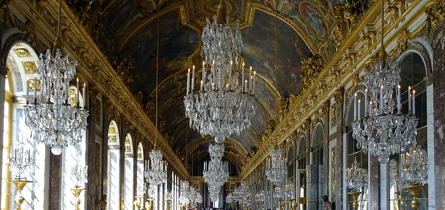 clear glass chandelier, versailles, paris, france, palace, hall of mirrors