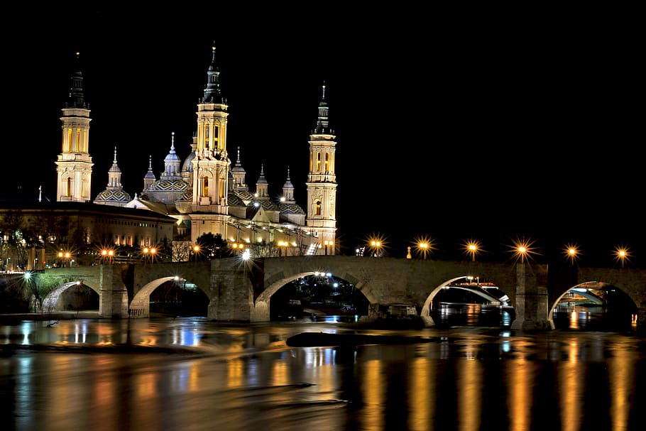 bridge, light, architecture, night, church, cathedral, river, HD wallpaper