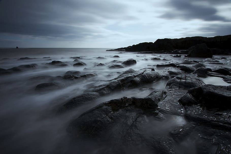 long-exposure body of water and gray rocks at daytime, sea, long exposure, HD wallpaper