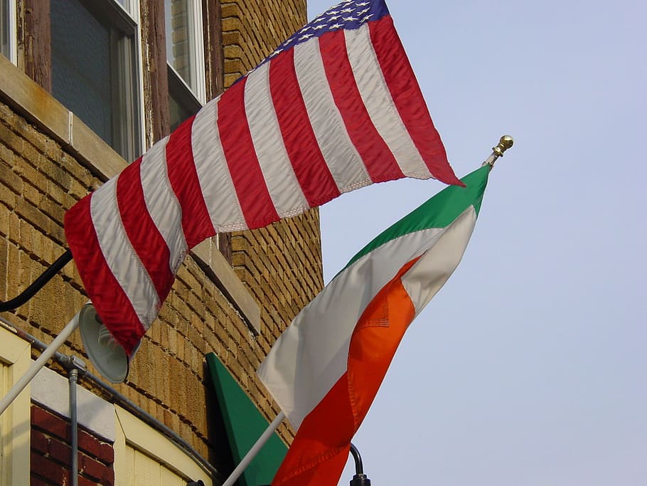 flags, town, nationality, sky, low angle view, patriotism, nature HD wallpaper
