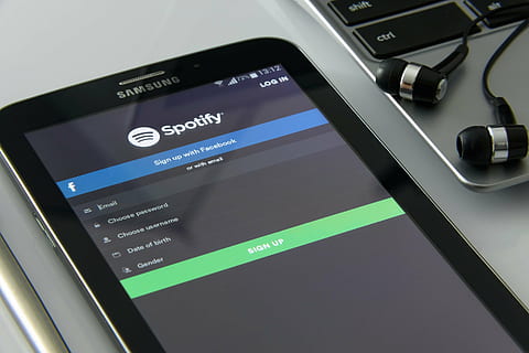 black Samsung Galaxy tablet computer, showing, spotify, application HD wallpaper