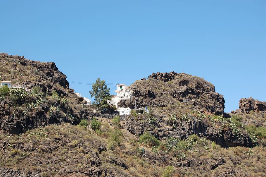 mountain home, view, spain, sky, plant, clear sky, tree, rock HD wallpaper