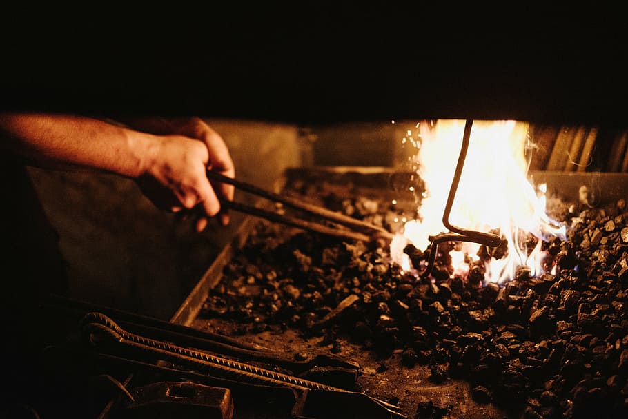 person doing bonfire, people, man, smith, blacksmith, heat, smoke