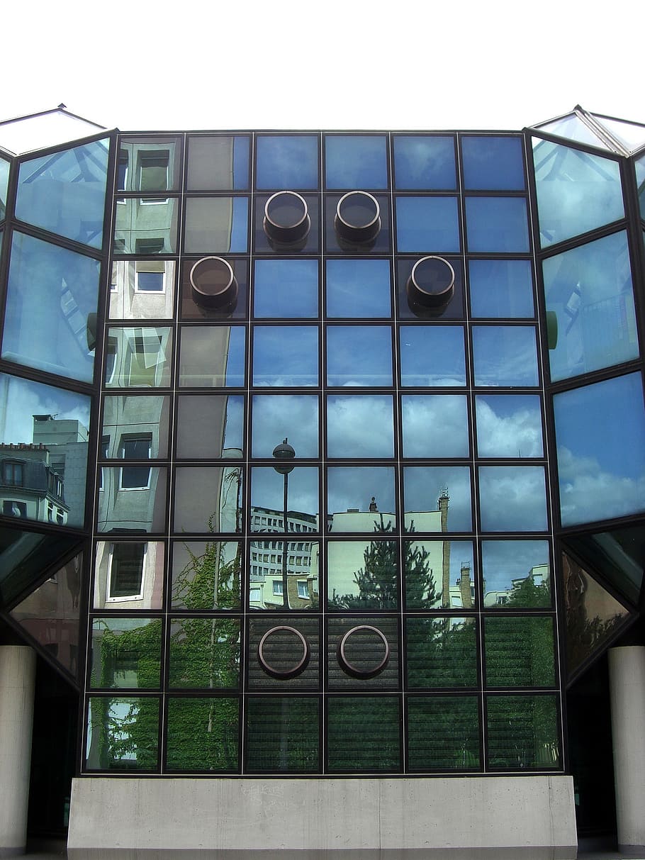 reflection, mirror, building, clouds, trees, sky, architecture HD wallpaper