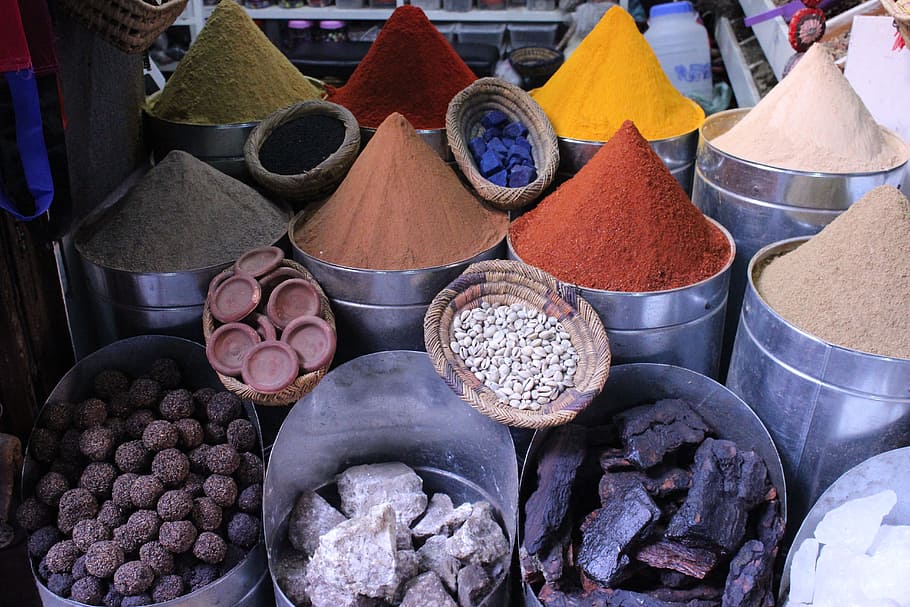 assorted-color powder inside grey metal buckets, Spices, Stones