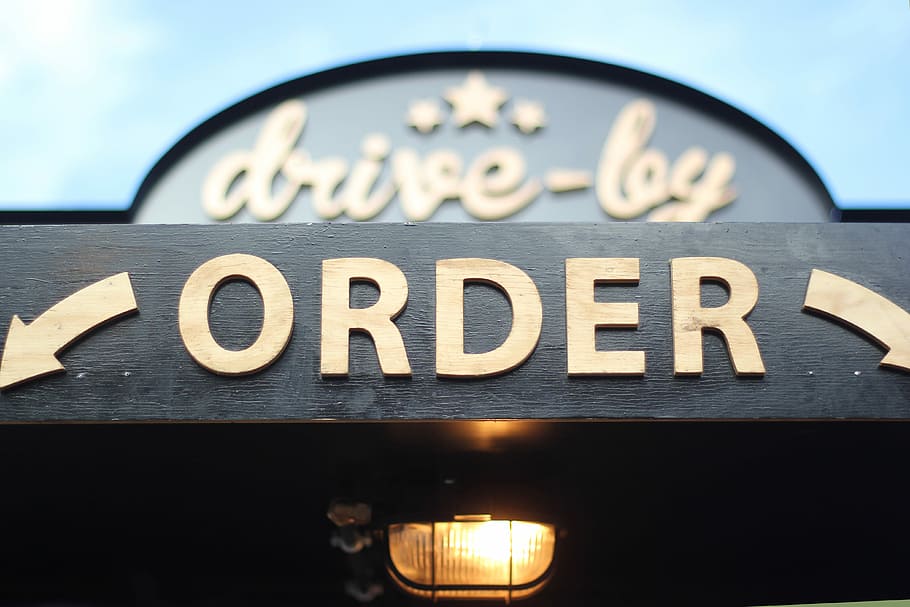 order signage on grey wooden plank, Drive-By Order signage, drive thru HD wallpaper