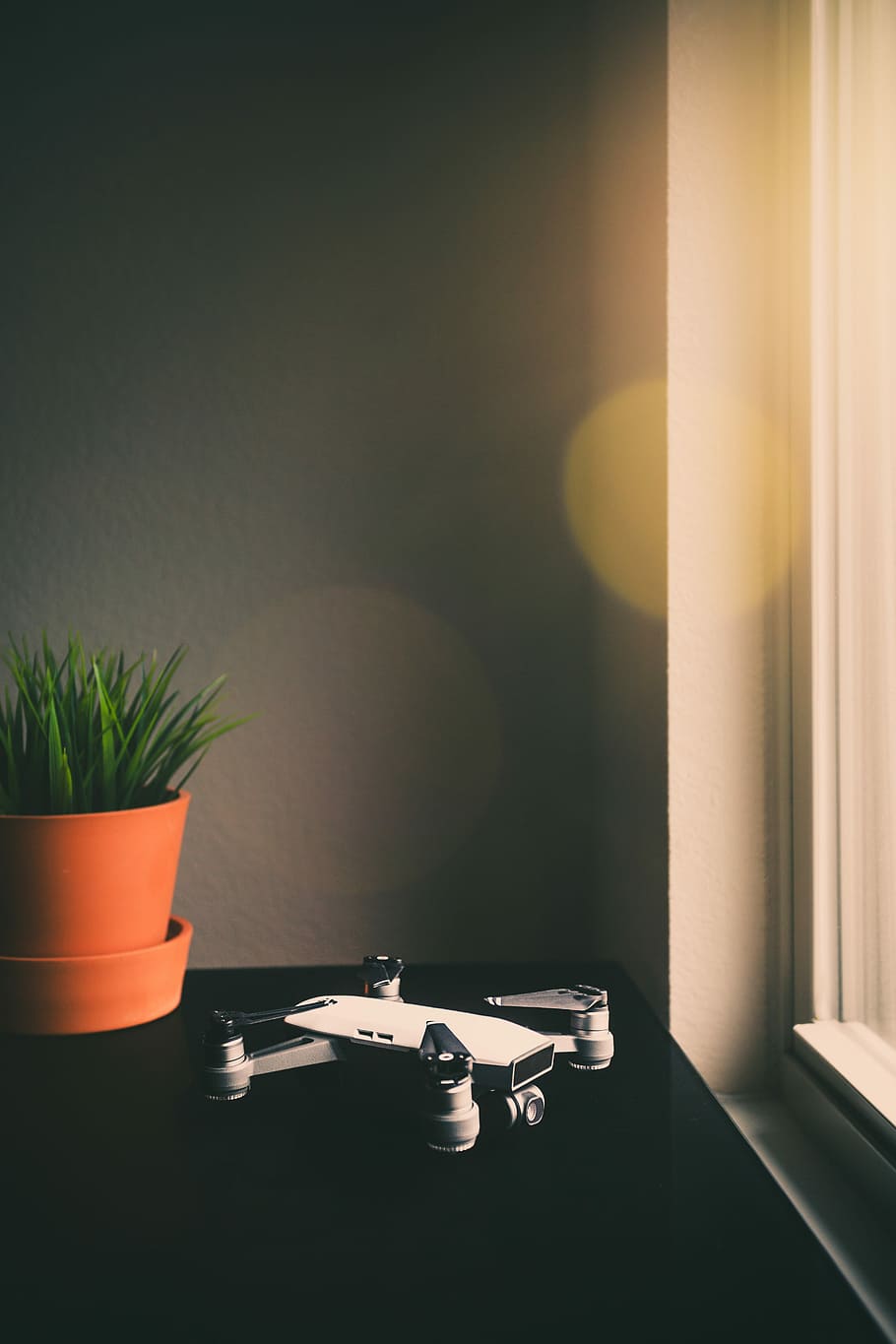 white and black DJI Mavic drone on table, white and black drone beside green leafed plant HD wallpaper