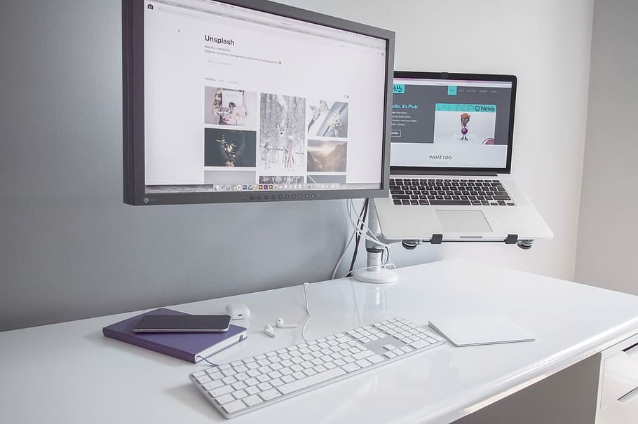 Home Office Desk, silver MacBook on white wooden desk, homeoffice, HD wallpaper