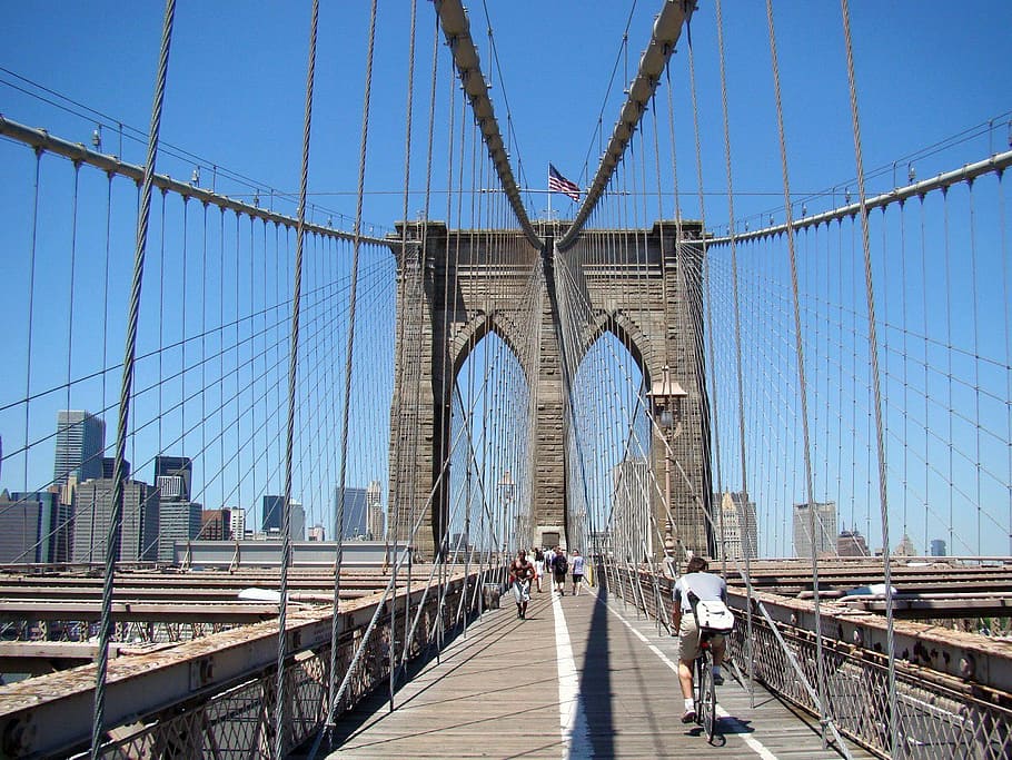 bridge, brooklyn, walkway, tower, flag, people, building, city HD wallpaper