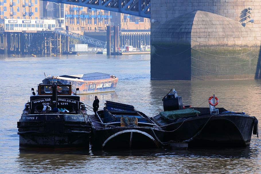 barges, river, refuse service, thames, london, transportation HD wallpaper