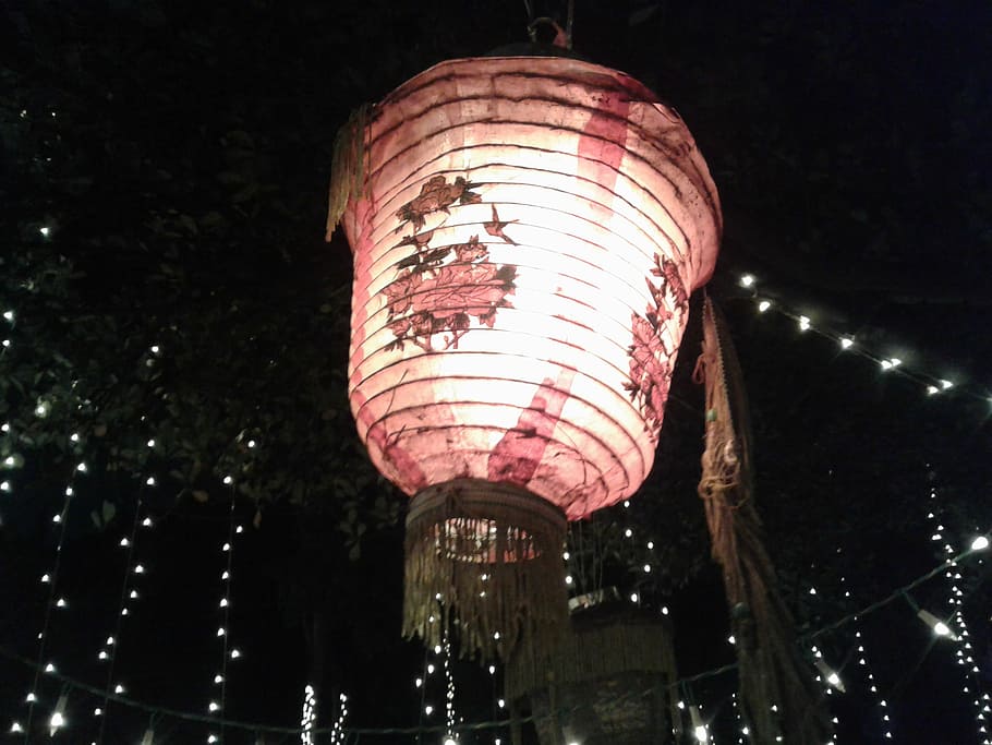 lighted pink paper lantern, red, white, night, lamp, holiday HD wallpaper