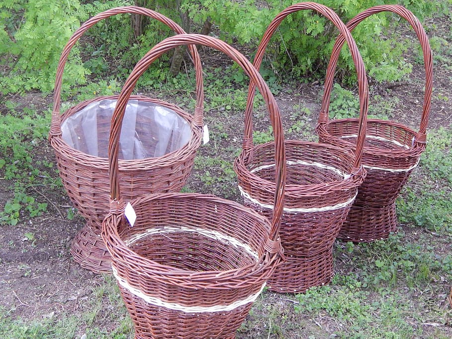 baskets, wicker baskets, container, no people, day, plant, field HD wallpaper