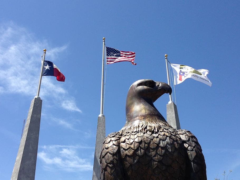 eagle, texas, flags, america, blue sky, sculpture, monument HD wallpaper