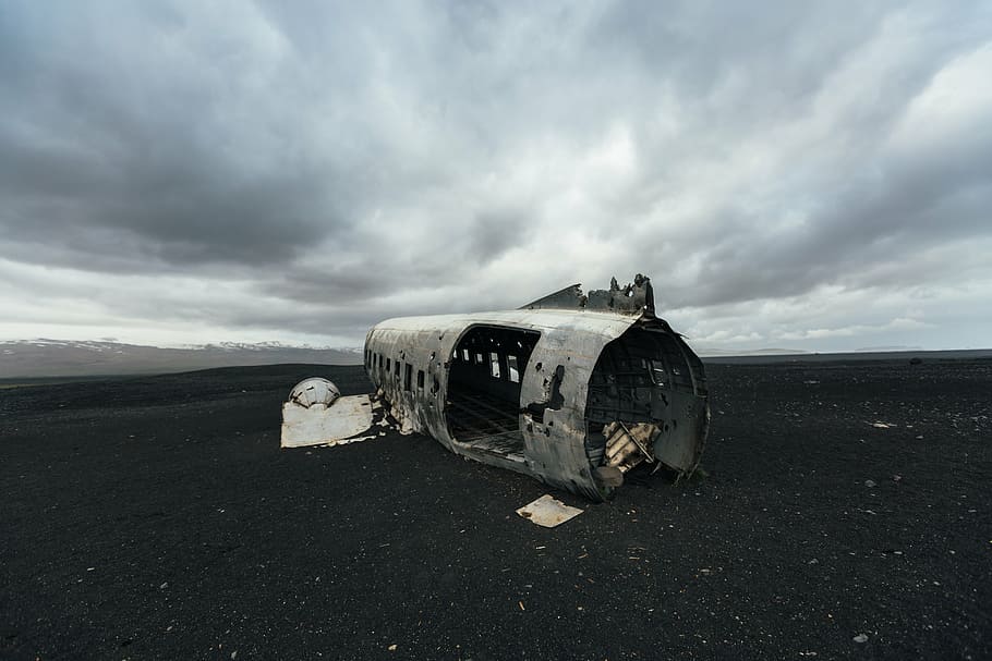 grayscale photo of abandoned plane under gray clouds, airplane HD wallpaper