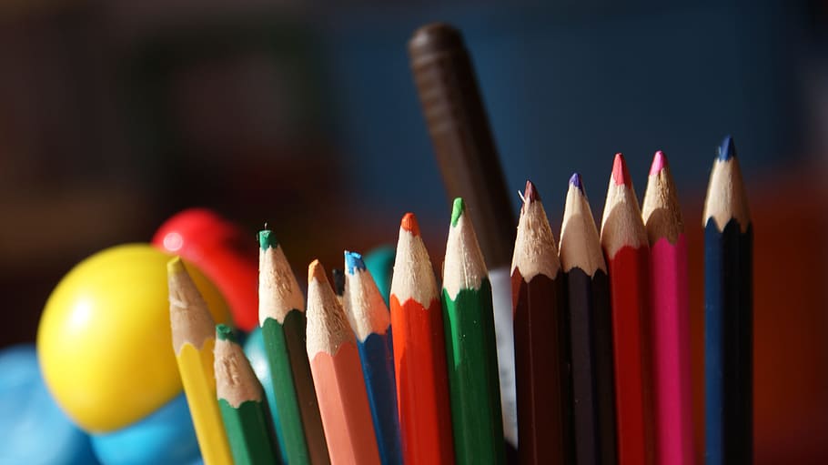 macro photography of assorted color pens, crayons, child, fun HD wallpaper