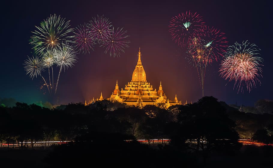 lighted building with fireworks, amazing, ancient, asia, seductive