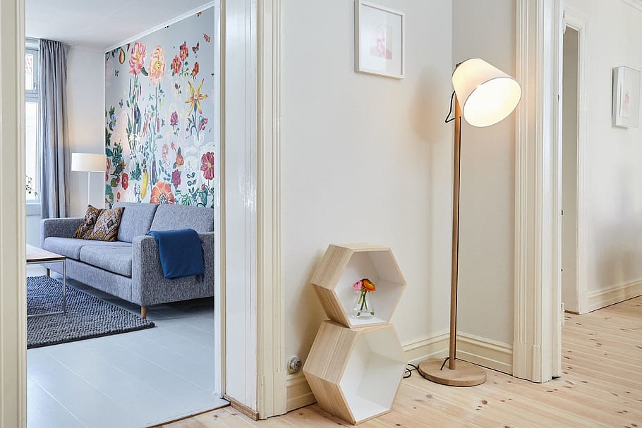 beige shade floor lamp on beige wooden parquet flooring, house HD wallpaper