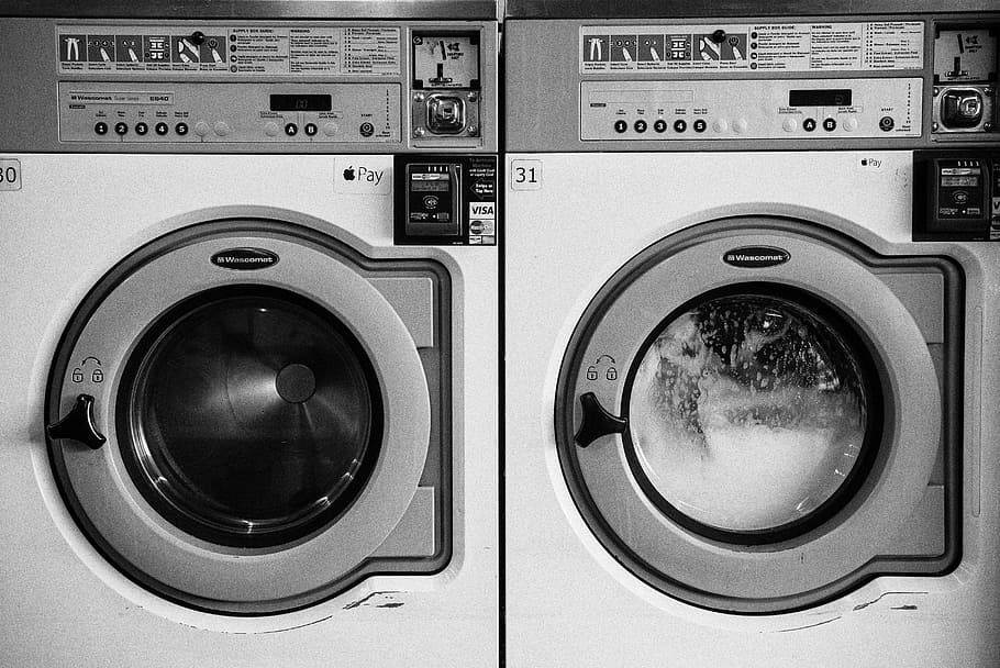 white washer and dryer, grayscale photo of washer and dryer set