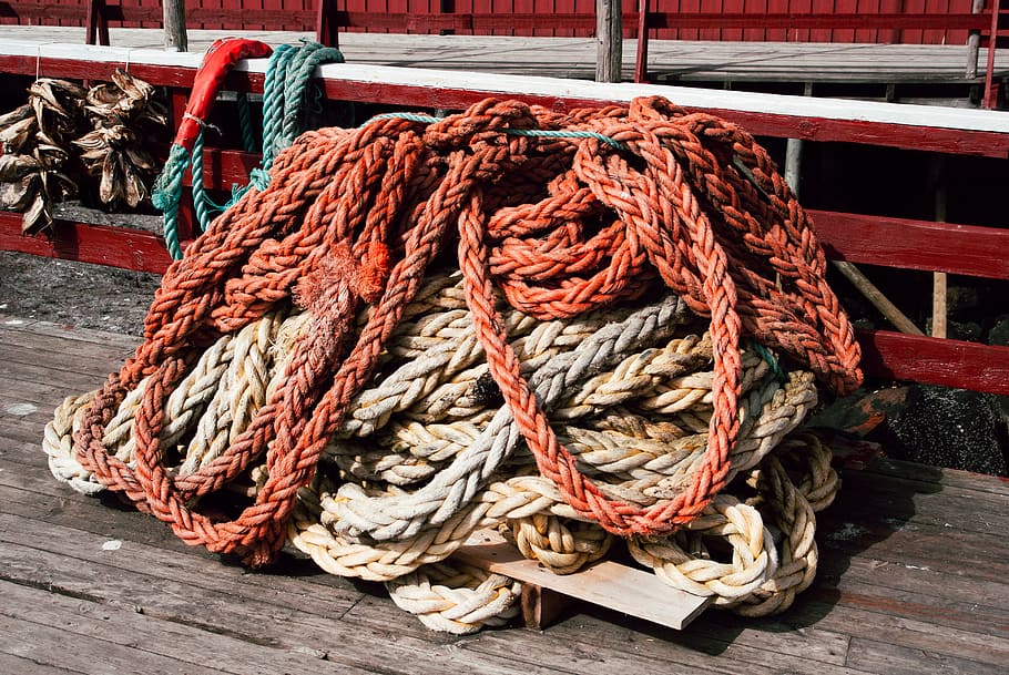 Ropes in Nusfjord fishing village, Lofoten, industry, objects HD wallpaper