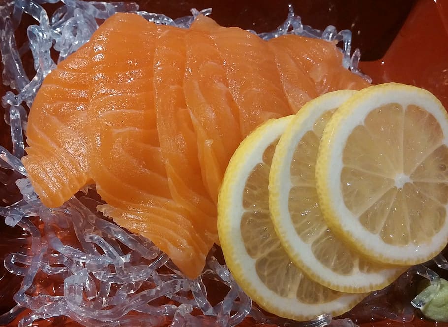 salmon, lemon, cuisine, fish, lunch, dinner, japanese, food and drink HD wallpaper