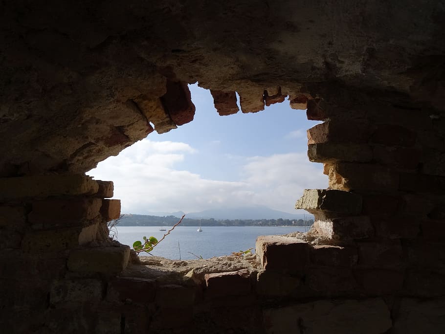 white clouds scenery, hole, bricks, aperture, wall, view, sun HD wallpaper