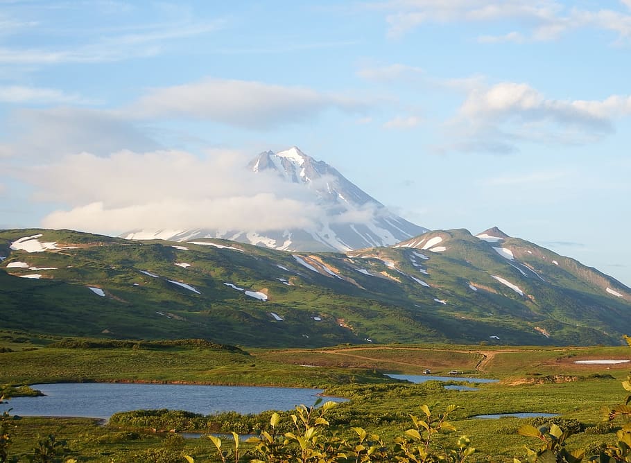 kamchatka, mountain plateau, volcano, lake, evening, summer, HD wallpaper