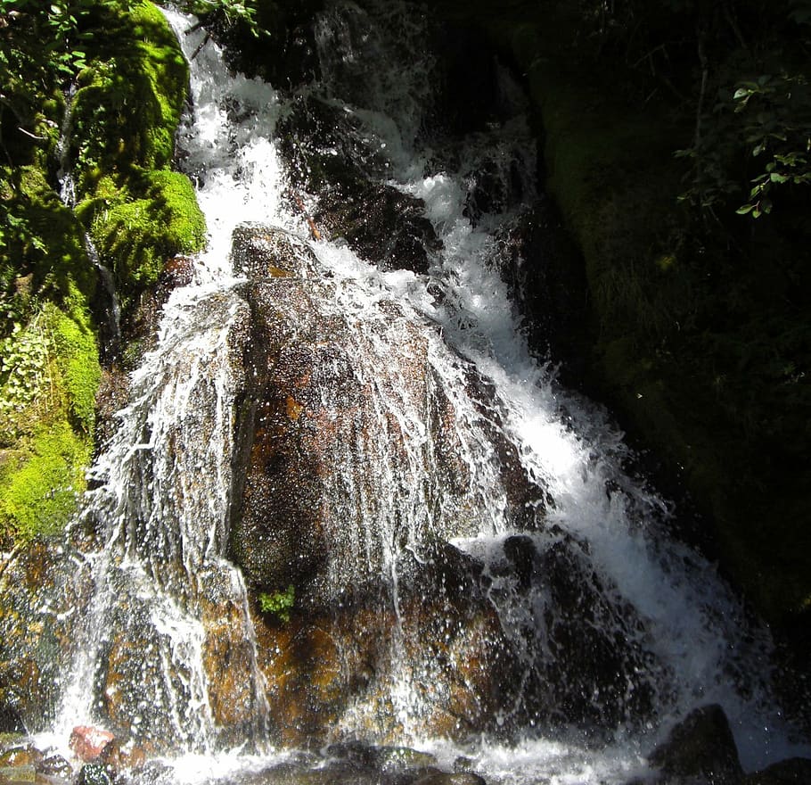 water, waterfall, stream, mountain, trail, motion, flowing water HD wallpaper