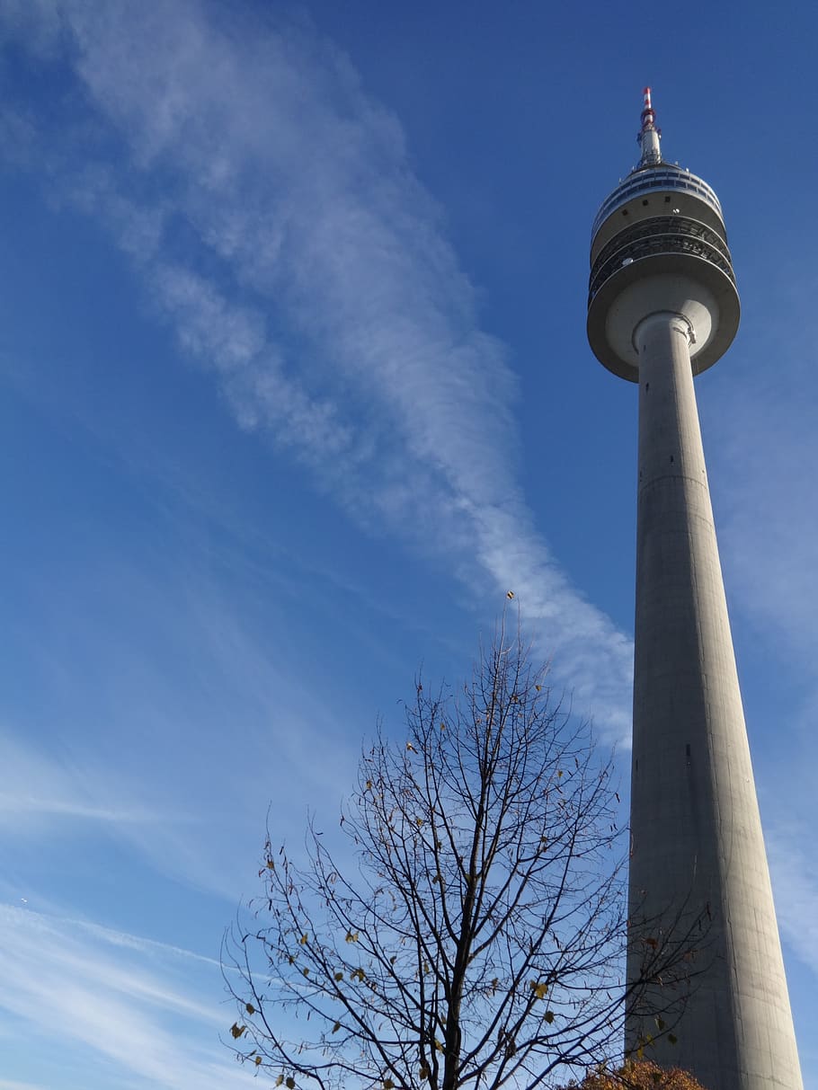 sky up, blue, tower, munich, architecture, olympia tower, large