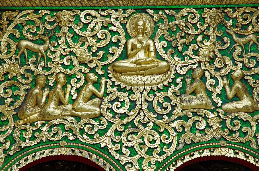 laos, temple, pediment, decoration, religious art, buddhism HD wallpaper