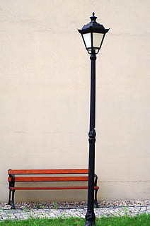 lamppost, bench, no one, emptiness, architecture, street light HD wallpaper
