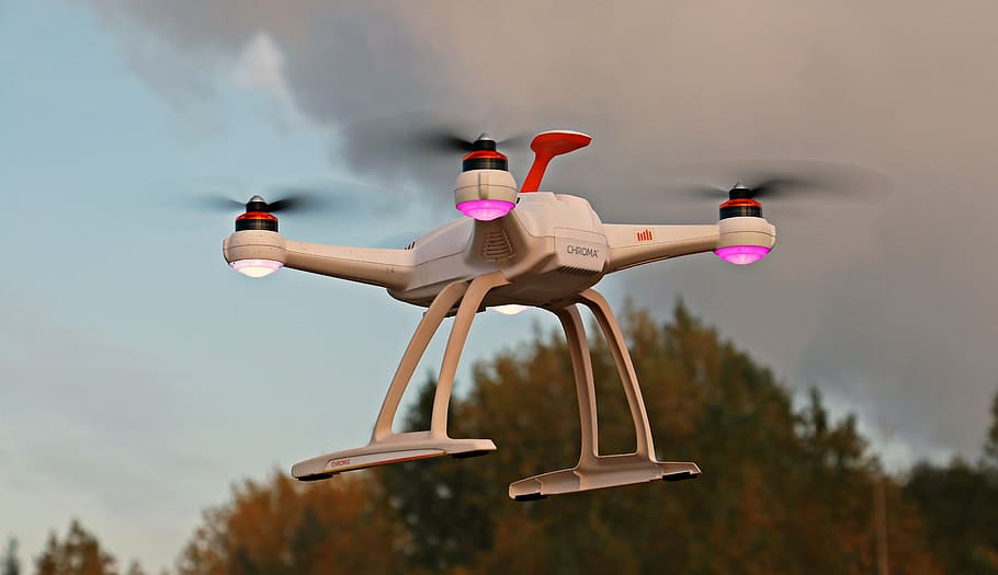 white quad copter drone, uav, sky, clouds, quadrocopter, fly
