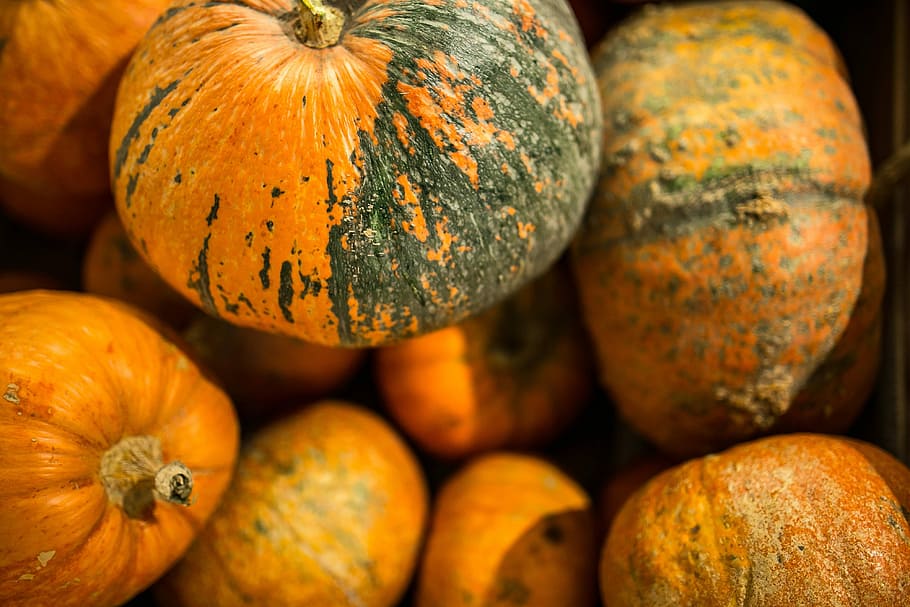 Close-ups of pumpkins in a wooden box, orange, vegetable, autumn