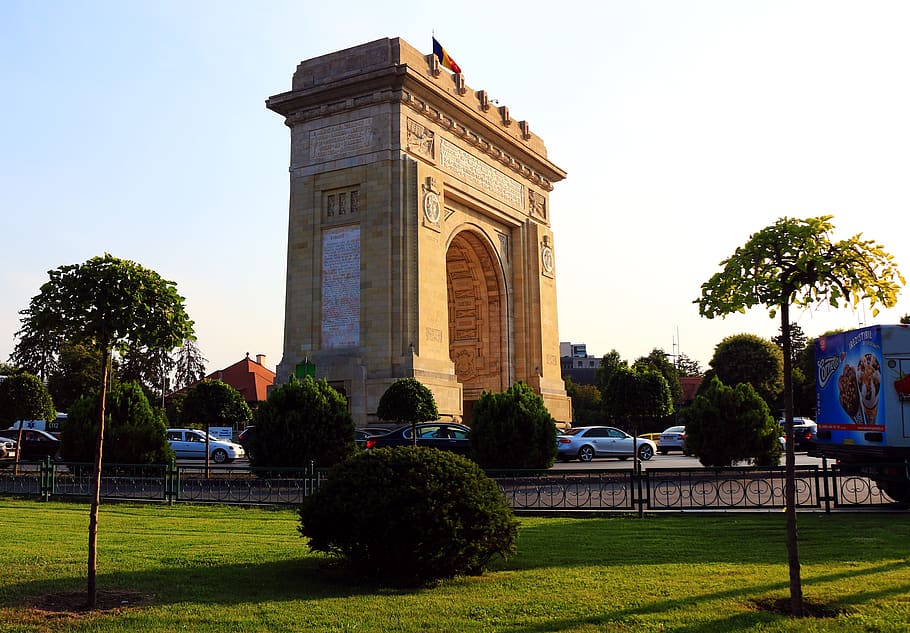 bucharest, arc de triomphe, landscape, trees, park, green, plant HD wallpaper