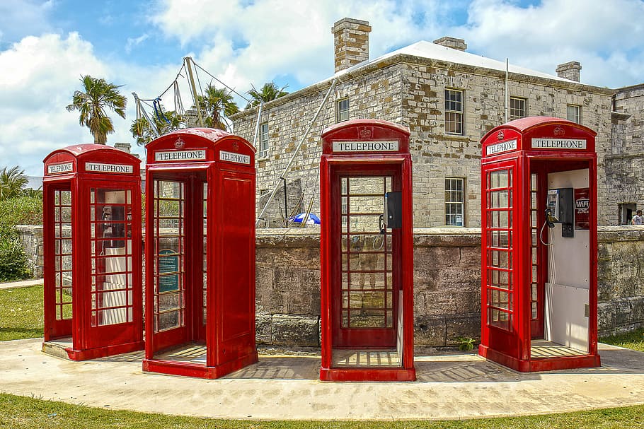 four red telephone booths, bermuda, vintage, retro, building exterior, HD wallpaper