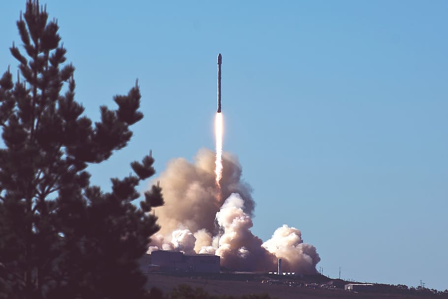 rocket launching near green tree, smoke, trees, clouds, sky HD wallpaper