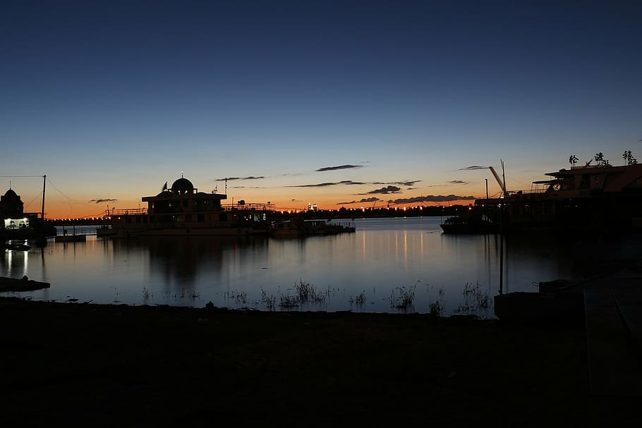 riverside, night view, afterglow, reflection, sunset, silhouette HD wallpaper