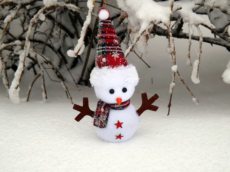 Snow man in snow field beside brown tree, snowman, winter, white HD wallpaper