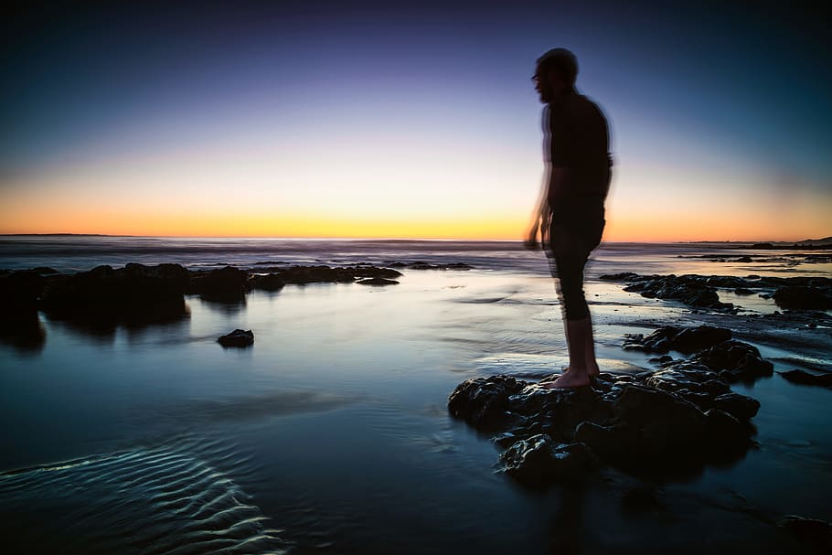 sunset, man, person, beach, dusk, long-exposure, ocean, tides HD wallpaper