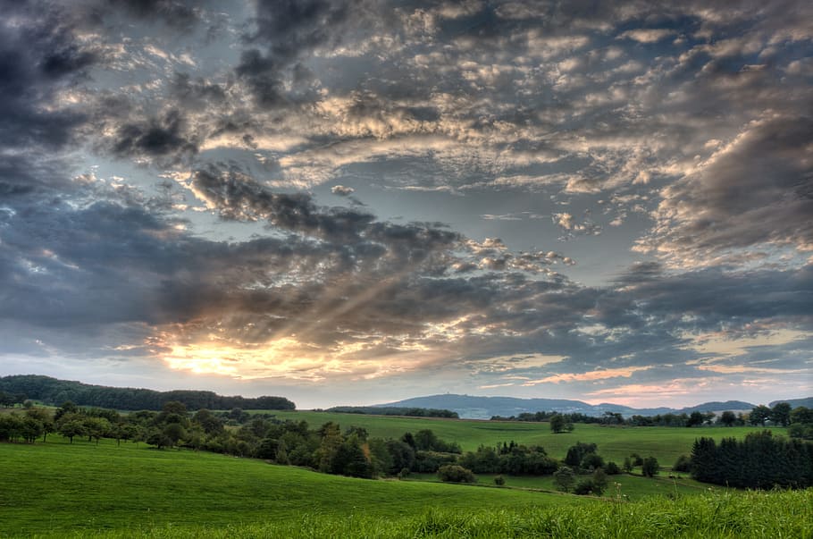 grass field under cloud formation, sky, sunset, germany, farm HD wallpaper