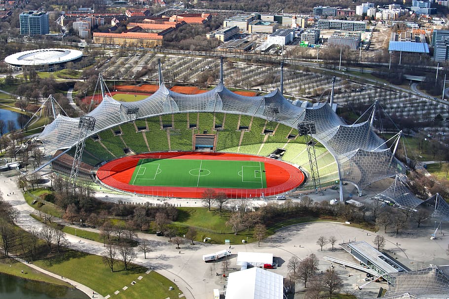 aerial view of soccer field at daytime, olympic stadium, munich, HD wallpaper