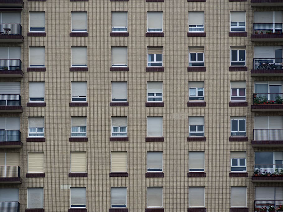 brown and red concrete building with windows, blinded and unblinded building windows HD wallpaper